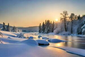 photo wallpaper the sky, snow, trees, river, sun, river, river, river,. AI-Generated