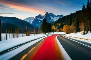 un la carretera en el montañas con nieve y arboles generado por ai foto