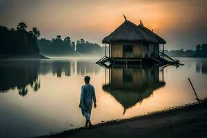 a man walking towards a hut on the shore of a lake. AI-Generated photo