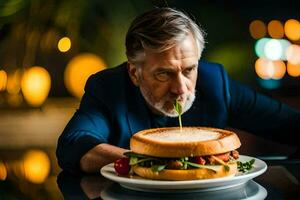 a man eating a sandwich on a plate. AI-Generated photo