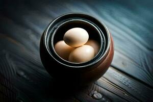 Tres huevos en un de madera cuenco en un oscuro mesa. generado por ai foto