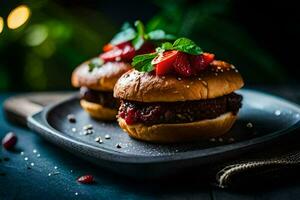 two hamburgers with berries on a plate. AI-Generated photo