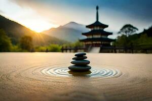 a stack of rocks in front of a pagoda. AI-Generated photo