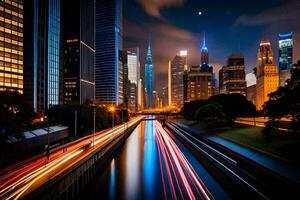 chicago skyline at night with light trails of cars. AI-Generated photo