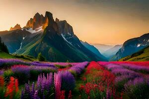 a beautiful field of purple flowers and mountains at sunset. AI-Generated photo