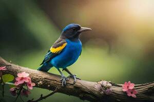 a blue bird with yellow and black feathers sits on a branch. AI-Generated photo