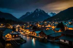 photo wallpaper the sky, mountains, water, houses, the night, the mountains, the village. AI-Generated