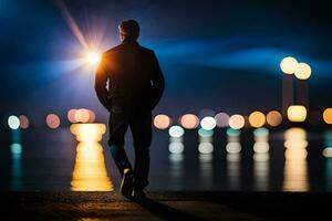 a man is walking along the waterfront at night. AI-Generated photo