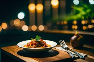 un plato de pasta con tomate salsa y un tenedor en un de madera mesa. generado por ai foto