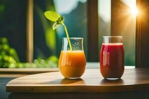 two glasses of juice on a table with the sun shining in the background. AI-Generated photo