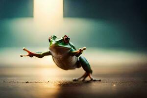 a frog jumping on the floor. AI-Generated photo