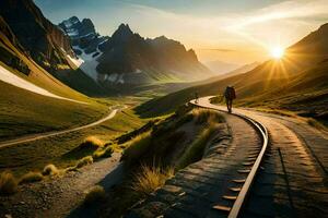 un hombre caminando a lo largo un ferrocarril pista en el montañas. generado por ai foto