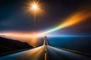 un largo la carretera con un arco iris ligero brillante terminado él. generado por ai foto