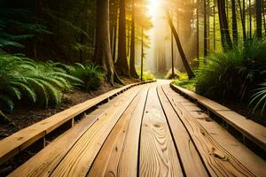 wooden path in the forest. AI-Generated photo