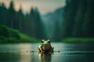 un rana sentado en el borde de un lago en el bosque. generado por ai foto