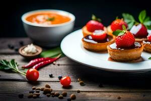 strawberries and tomato tartlets on a plate with a cup of soup. AI-Generated photo