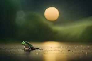 a frog sitting on the ground in front of a full moon. AI-Generated photo