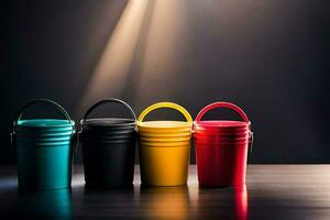 four colorful buckets on a dark table. AI-Generated photo