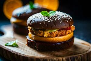 two hamburgers with cheese and vegetables on a wooden cutting board. AI-Generated photo