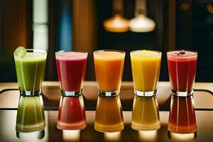 five different colored juices are lined up on a table. AI-Generated photo