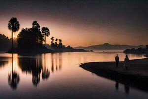 dos personas caminar a lo largo el apuntalar de un lago a puesta de sol. generado por ai foto