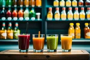 three different types of juices are lined up on a table. AI-Generated photo