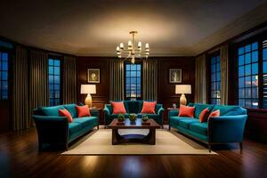 the living room has blue couches and orange chairs. AI-Generated photo
