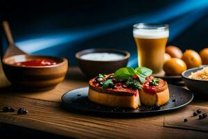 comida en un mesa con cerveza y otro platos. generado por ai foto