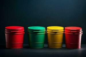 four colorful plastic buckets on a dark background. AI-Generated photo