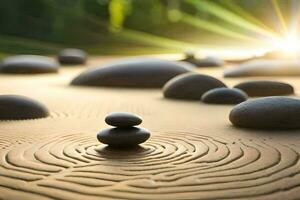 zen garden with stones and sun shining in the background. AI-Generated photo