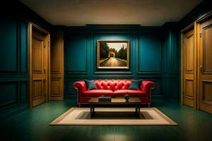 a red couch sits in a room with blue walls. AI-Generated photo