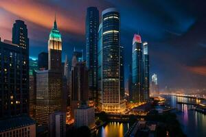 el ciudad horizonte a noche con un río. generado por ai foto