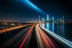 a long exposure photograph of a city skyline at night. AI-Generated photo