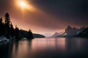 photo wallpaper the sky, mountains, lake, trees, the sun, the mountains, the lake. AI-Generated