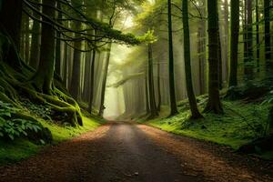 a dirt road in a green forest with trees. AI-Generated photo