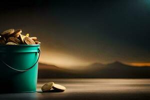 a bucket filled with coins on a table. AI-Generated photo