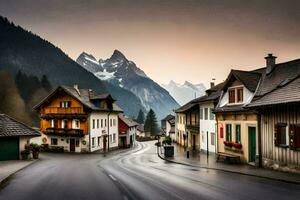 a street in the mountains with houses and mountains in the background. AI-Generated photo