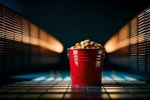 a red cup filled with peanuts sits on a tile floor. AI-Generated photo