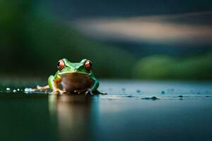 un rana sentado en el agua con agua gotas en él. generado por ai foto