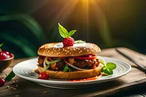 a hamburger with vegetables and a cherry on top. AI-Generated photo