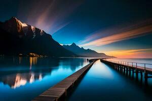 un muelle en el medio de un lago a puesta de sol. generado por ai foto