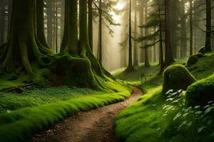 a path through a green forest with mossy trees. AI-Generated photo