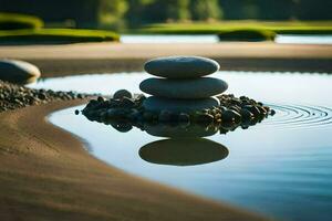 a stack of stones sitting on top of a pond. AI-Generated photo