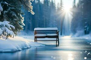 a bench sits on the side of a frozen river. AI-Generated photo