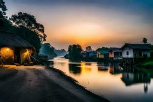 a river in the village at sunset. AI-Generated photo