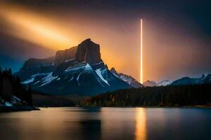 a beam of light shines over a mountain range. AI-Generated photo