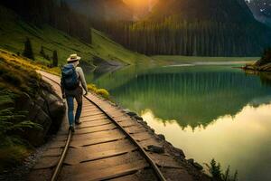 a man with a backpack walking on a wooden bridge over a lake. AI-Generated photo