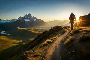a man walks on a trail in the mountains. AI-Generated photo