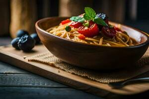 pasta with tomatoes and basil on a wooden table. AI-Generated photo