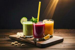 three different smoothies on a wooden cutting board. AI-Generated photo